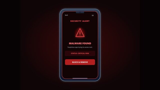 Mobile security alert malware found warning animation video. Red critical risk smartphone app interface and cyber threat UI motion graphic design
