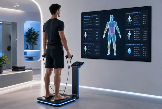 Man Standing on Futuristic Smart Body Composition Analyzer with Digital Health Display