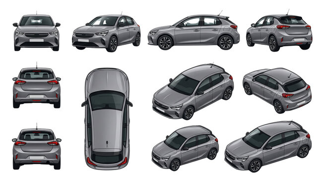 Compact City Hatchback Vector Car Illustration Multi-View Set isolated on white background