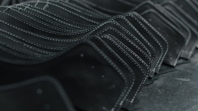 Stacked leather shoe uppers with visible stitching on a workbench in a factory setting