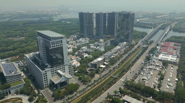 Pantai Indah Kapuk Street In North Jakarta Indonesia Drone High Angle Track In 4K 60FPS