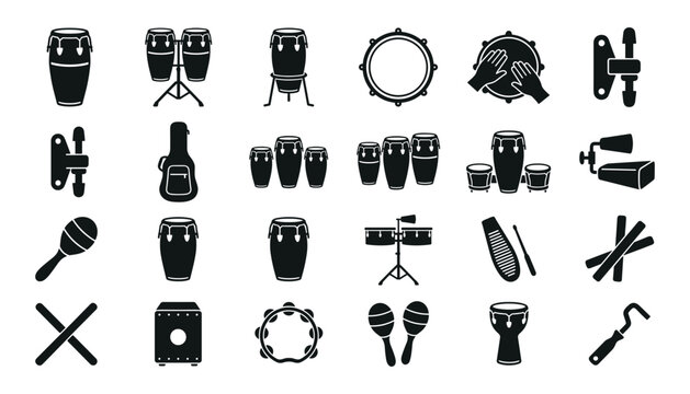 Latin Percussion Instrument Icon Set with Congas, Bongos, Timbales, Maracas, and Hand Drums for Cuban and Afro-Caribbean Musical Performance Designs