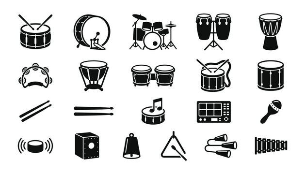 Comprehensive Percussion Instrument Icon Set Featuring Drums, Congas, Tambourines, Maracas, Drumsticks, and Digital Electronic Pads for Musical Performance Designs