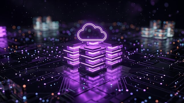 Cloud computing infrastructure concept featuring glowing data center server racks on a digital circuit board