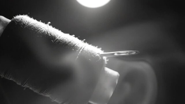 Spool of Thread with Needle in Dramatic Black and White Lighting, Close-up Focused Scene