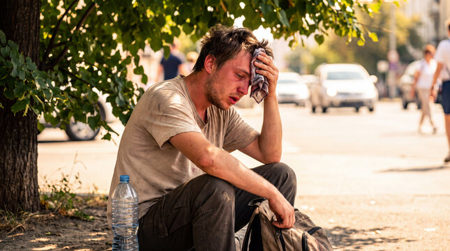 Homeless Man in Heat: A weary man, seemingly experiencing heat exhaustion, sits on a sidewalk with a bottle of water, his hand on his forehead, in a city street setting.