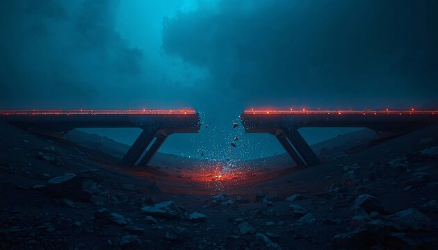 Surreal Collapsed Digital Bridge Over Empty Landscape Cybersecurity Risk Concept Corporate Background