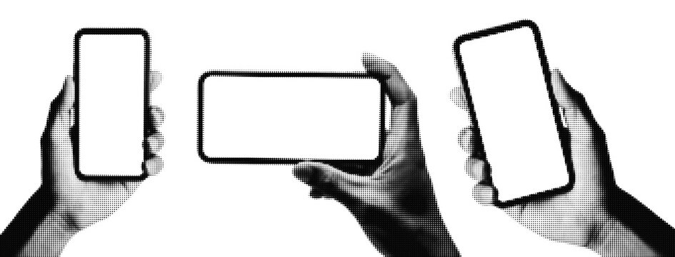 Hands holding smartphones in different screen orientations