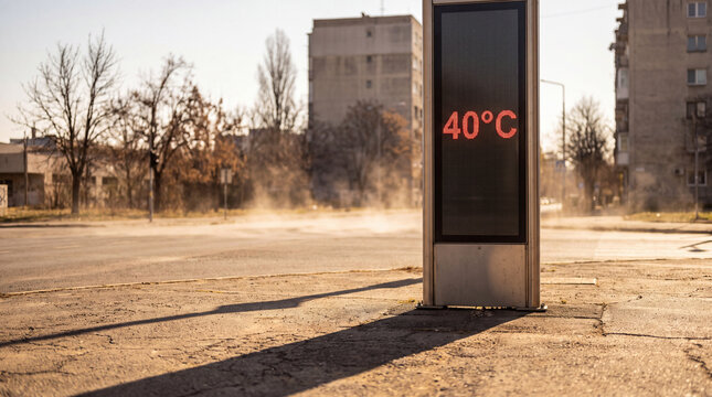 Extreme Heat Warning: A digital display shows a scorching 40&deg;C amidst a dusty, arid urban landscape, signaling an extreme heatwave event.