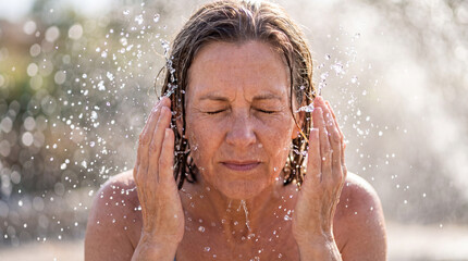 Fototapeta premium Refreshing Embrace: A woman washes her face with cool water, droplets splashing around her as she finds a moment of serenity and rejuvenation.