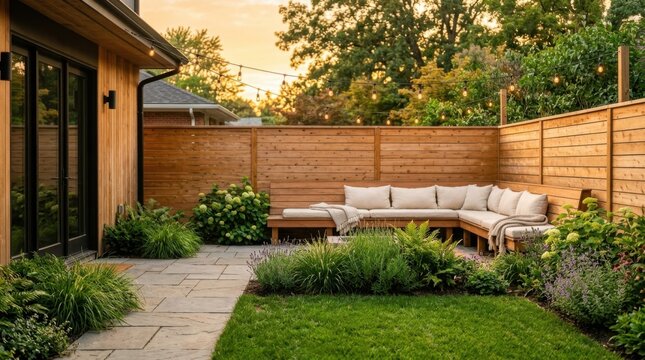 Relaxing outdoor living space featuring sectional sofa, lush greenery, patio path, and warm sunset lighting.