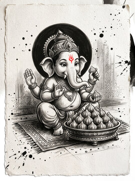 Intricate ink sketch illustration of Lord Ganesha with a bowl of modaks on textured vintage paper