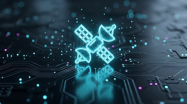 Satellite communication symbol glowing over dark digital circuit board representing global connectivity technology