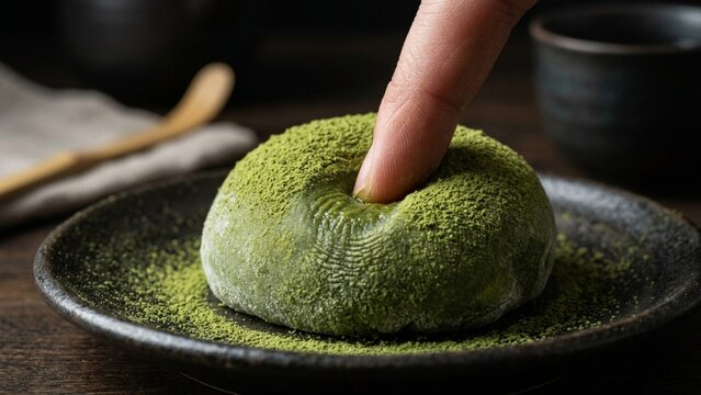 Matcha green tea mochi pressed by finger on ceramic plate in traditional Japanese tea setting
