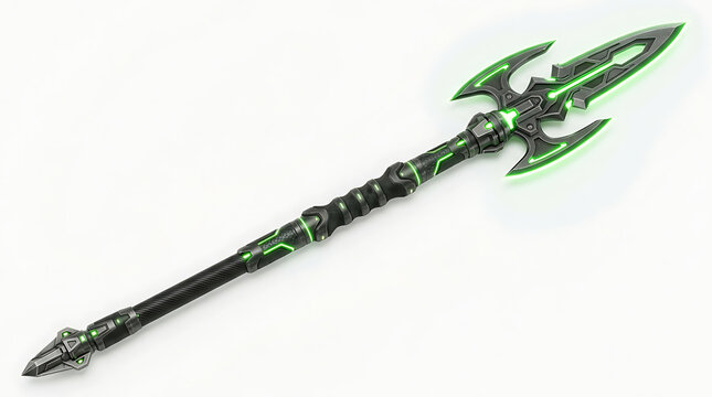 Futuristic Cybernetic Polearm Weapon With Glowing Green Energy Isolated On White