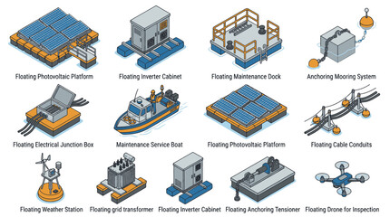 Isometric illustration of various components used in a floating solar power plant system. © ning