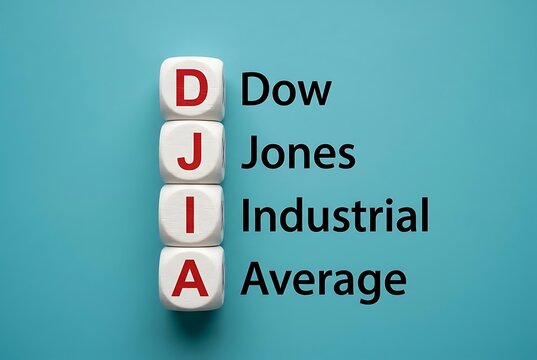 Four white cubes with red letters D, J, I, A stacked vertically next to text 'Dow Jones Industrial Average'. Business and Finance concept