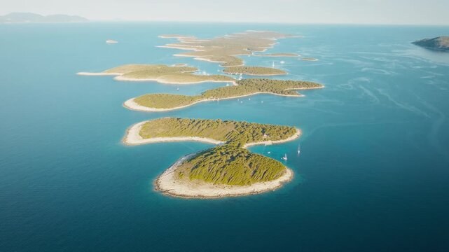 Drone aerial of the Pakleni Islands surrounded by the calm Adriatic Sea at sunrise near Hvar, Croatia