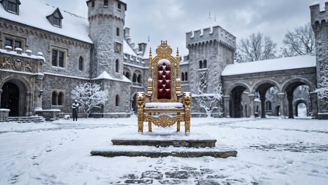 Golden Throne Amid Snowy Courtyard Elegant Winter Setting