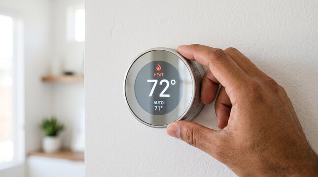 Modern smart thermostat with set 72 degrees heat mode blurred modern interior background close up hand adjusting sleek thermostat mounted light light colored wall