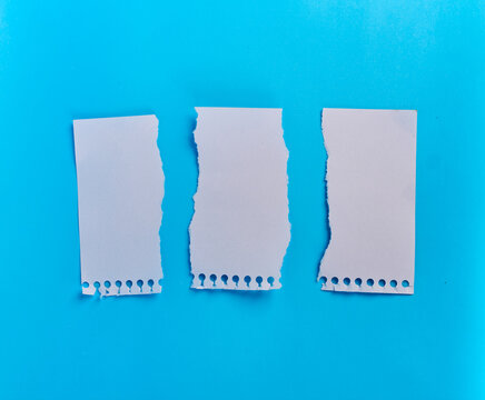 Three blank torn notebook paper strips arranged on blue background
