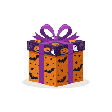 Halloween gift box with purple ribbon, spooky orange present with bats and pumpkins, festive holiday surprise vector illustration isolated on White Background halloween