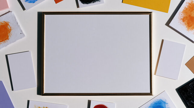 Blank frame with colorful paper scraps on white background for creative workshop invitation design