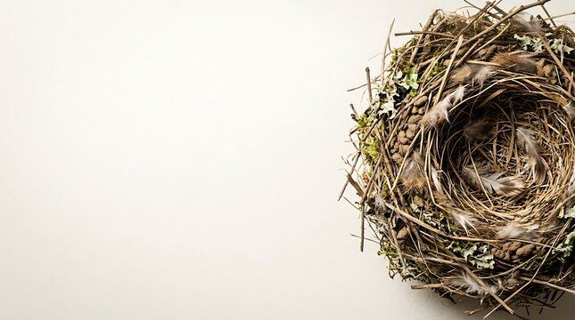 Natural empty bird nest on a plain background with copy space