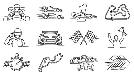 Fototapeta premium Racing Car Icons: Formula 1, Go-Kart, Sports Car, Trophy, Stopwatch, Track, Flags