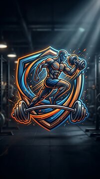 Powerful fitness logo featuring muscular man lifting weights in gym