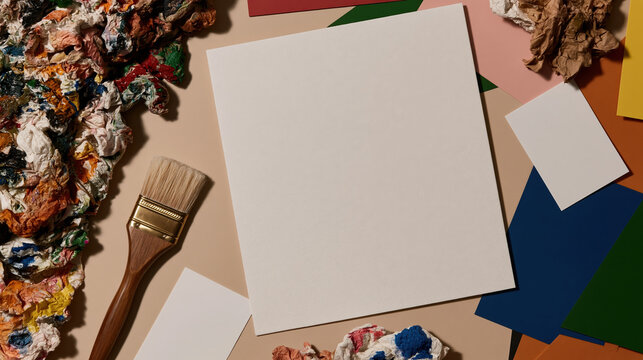 Blank paper sheet with paint brush and colorful paper scraps for creative workshop invitation background