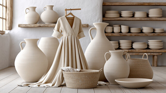 Boutique interior with handmade ceramic vase and linen dress in neutral shop decor
