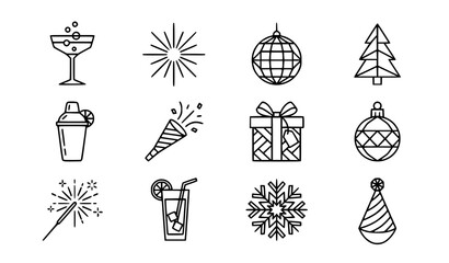 Naklejka premium Christmas party thin line icons set with modern geometric holiday celebration outline vector symbols for event invitation graphics