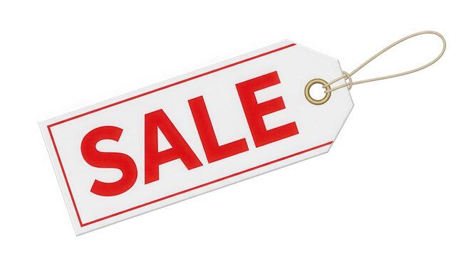 Red sale tag with white text and dotted border isolated on transparent background