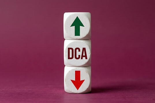 Stack of cubes showing DCA with up and down arrows on purple background, symbolizing business growth and market trends.
