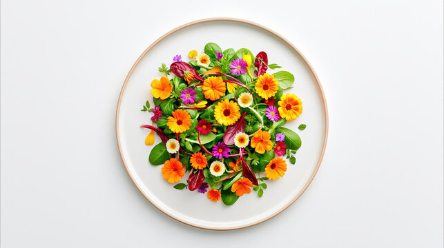 Edible flower salad on plate with colorful leaf and fresh herb arrangement