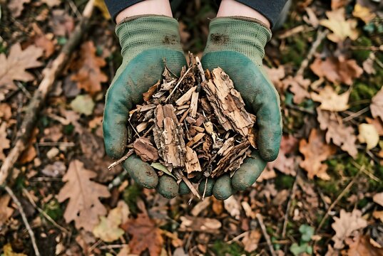 Hands holding bark chips in a forest setting. Sustainable gardening and nature concept.