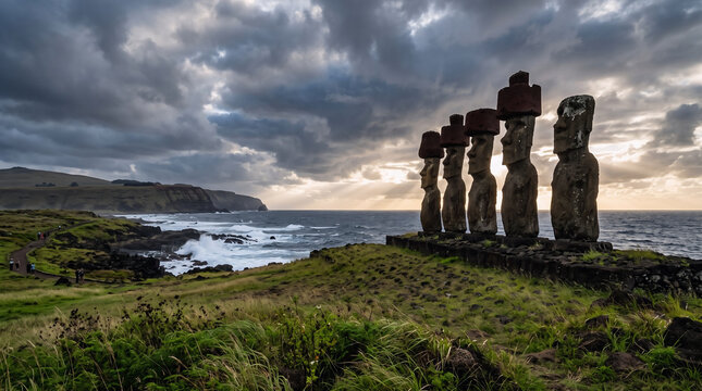Moai statues stand in a solemn row overlooking the rugged coastline of Easter Island under a dramatic and moody cloudscape.
