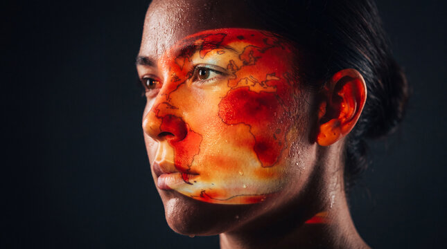 Global Connection on Her Face: A woman's face is adorned with a projected image of the Earth, symbolizing global unity, interconnectedness, and environmental awareness.