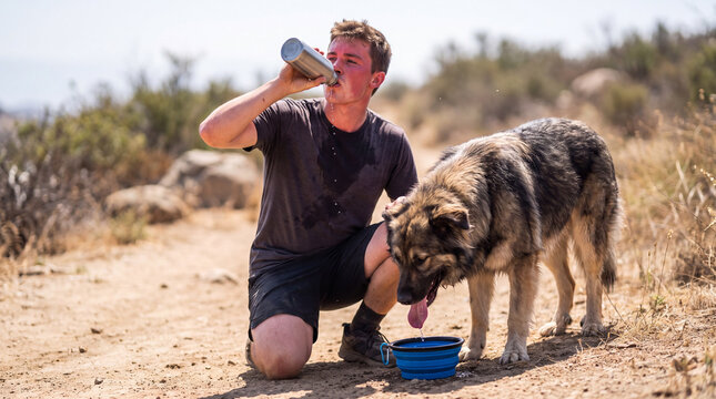 Quenching Thirst on the Trail: A hiker pauses his journey on a sun-drenched dirt path to take a refreshing drink from a metal water bottle.
