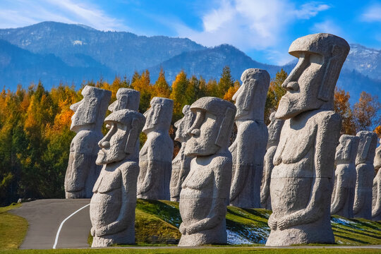 Moai Heads at Makomanai Takino Cemetery in Sapporo, Hokkaido, Japan