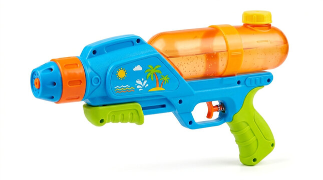 Colorful Toy Water Gun with Summer Graphics, Isolated on White Background