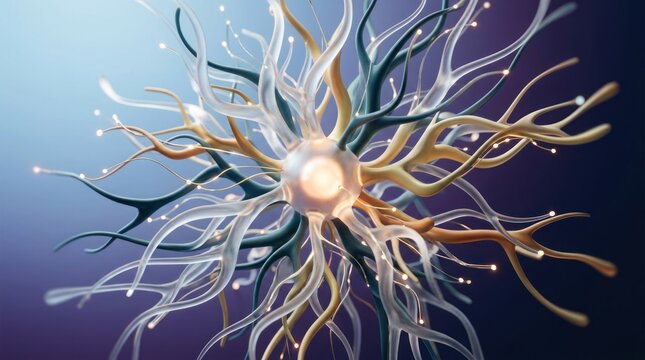 Abstract neuron cell with glowing dendrites and synapse connections