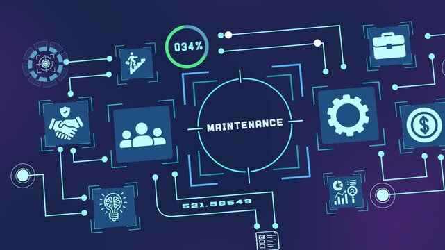 Maintenance concept with industrial icons for equipment servicing, predictive monitoring, preventive care, reliability, and continuity.