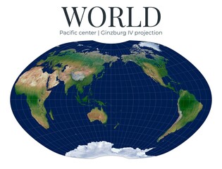 World Map. Ginzburg IV projection. Compromise projection with smooth shapes. High detail physical Earth. Pacific center at lat 0 lon 160. © Eugene Ga