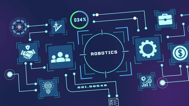 Robotics concept with industrial icons for automated machinery, smart production, machine control, and precision engineering.