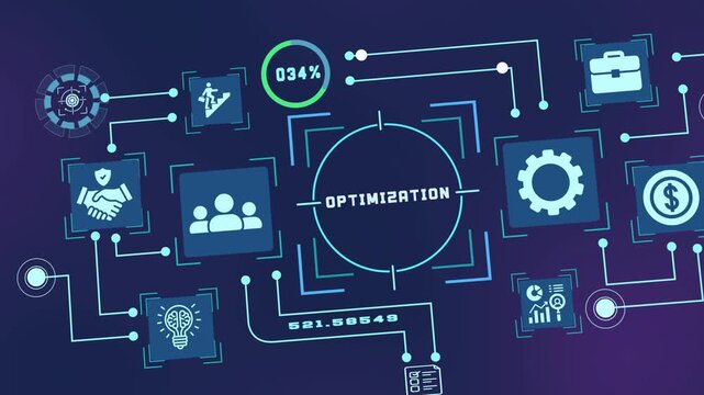 Optimization concept with business icons for process efficiency, resource utilization, performance improvement, and operational control.