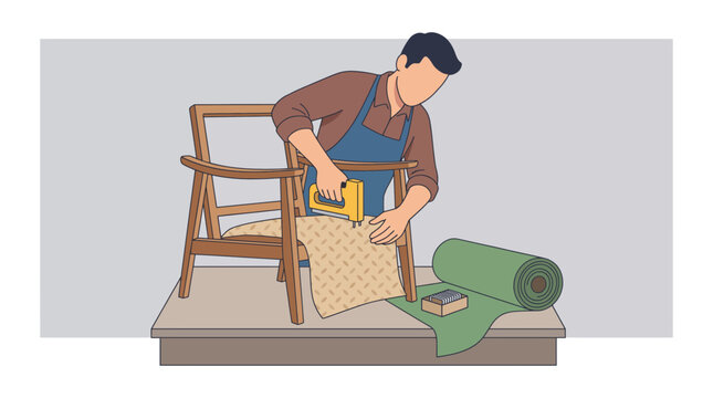 Furniture Upholsterer Stapling Fabric onto Wooden Frame