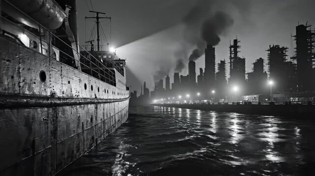 Black and white view of a ship sailing along a river with industrial cityscape in background at night