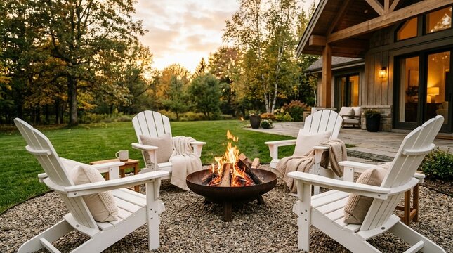 Cozy Outdoor Fire Pit Seating Area with Adirondack Chairs and Patio
